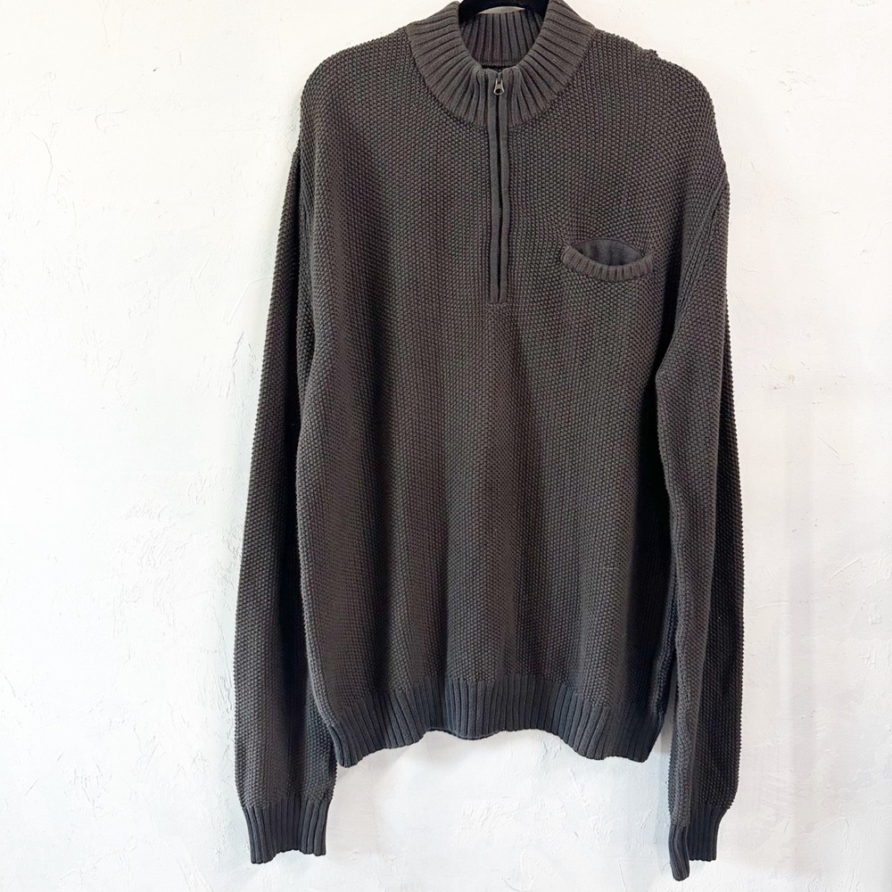 Billy Reid Knit 1/4 Zip Pullover Sweater Pocket Brown Cotton Men's Size XXL